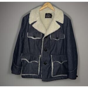 Vtg 70s Sears The Men’s Store Sportswear Trucker Denim Jacket 44 Reg Sherpa Line